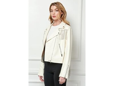 Veveret Rhinestone Fringe White Vegan Leather Jacket