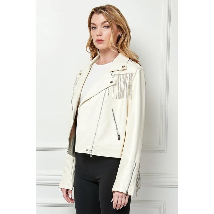 Veveret Rhinestone Fringe White Vegan Leather Jacket