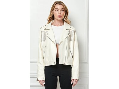 Veveret Rhinestone Fringe White Vegan Leather Jacket