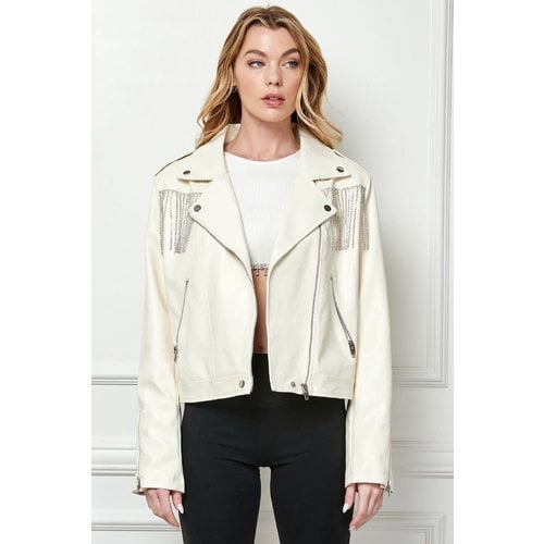 Veveret Rhinestone Fringe White Vegan Leather Jacket