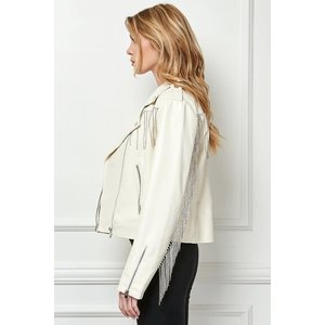 Veveret Rhinestone Fringe White Vegan Leather Jacket