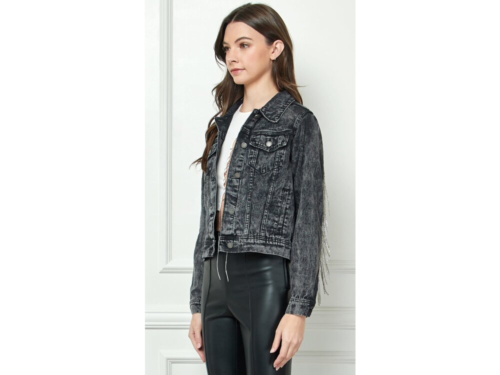Veveret Black Denim Jacket with Crystal Fringe