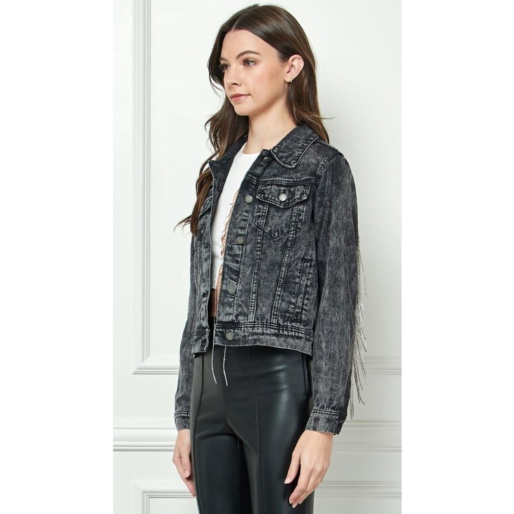 Veveret Black Denim Jacket with Crystal Fringe