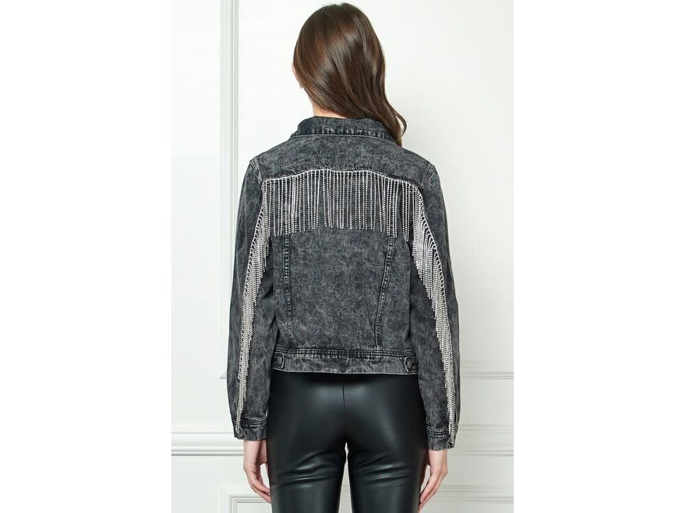 Veveret Black Denim Jacket with Crystal Fringe