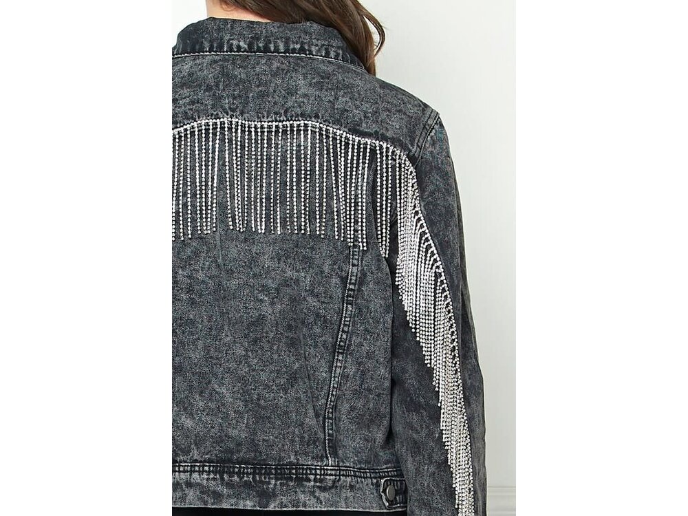 Veveret Black Denim Jacket with Crystal Fringe
