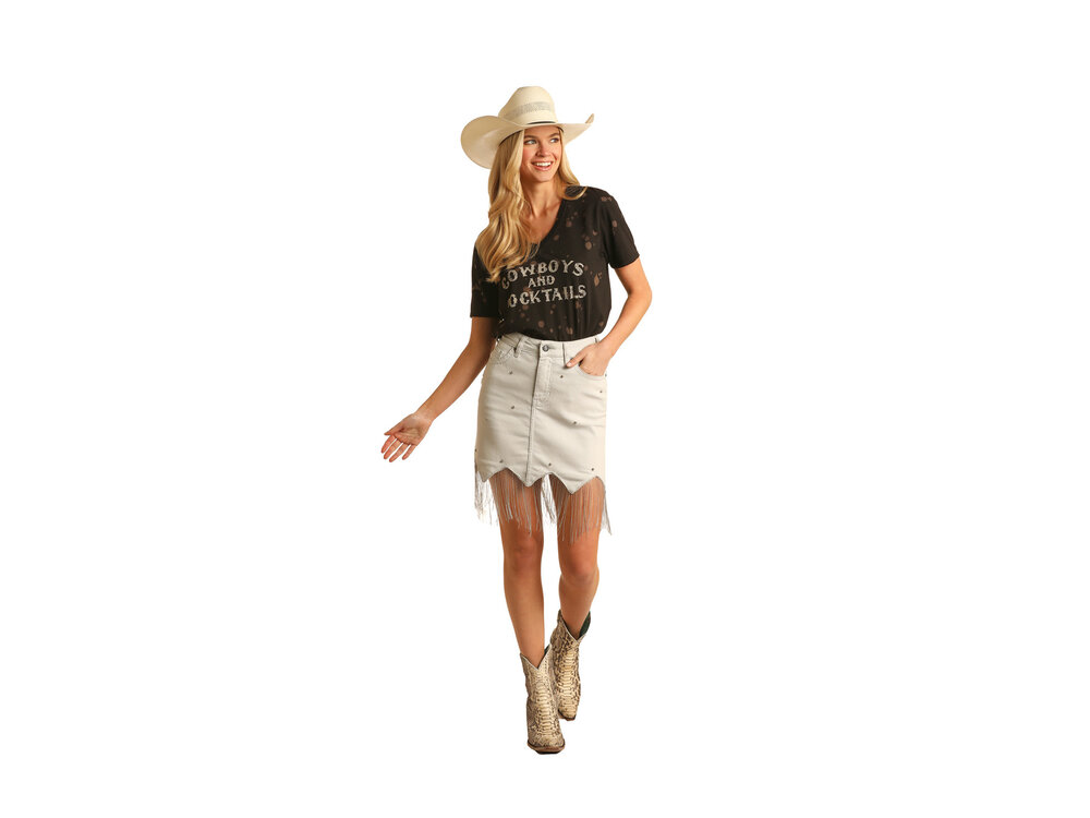 Rock and Roll Denim Bleached Wash Denim Skirt with Fringe