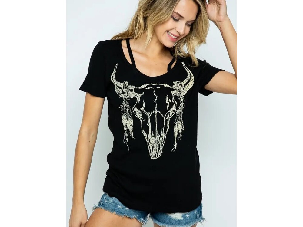 Vocal Bull Skull Cut-Out Neckline Tee