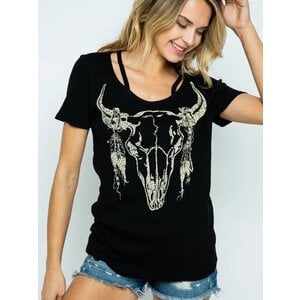 Vocal Bull Skull Cut-Out Neckline Tee