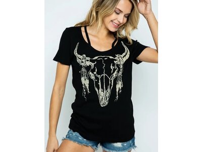 Vocal Bull Skull Cut-Out Neckline Tee
