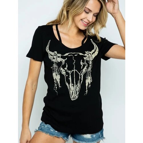 Vocal Bull Skull Cut-Out Neckline Tee