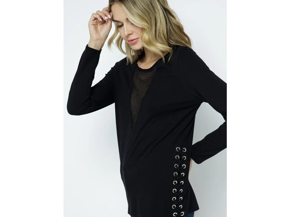 Vocal Long Sleeve with Sheer V-Neck and Lace- Up Side