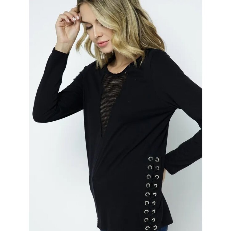 Vocal Long Sleeve with Sheer V-Neck and Lace- Up Side