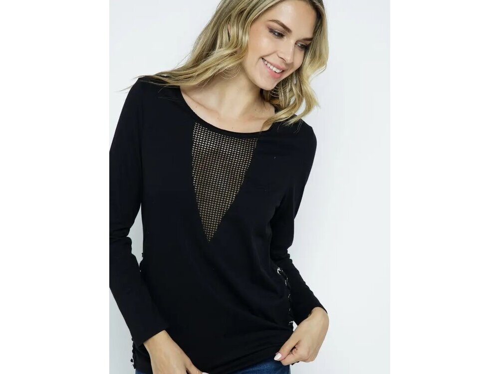 Vocal Long Sleeve with Sheer V-Neck and Lace- Up Side