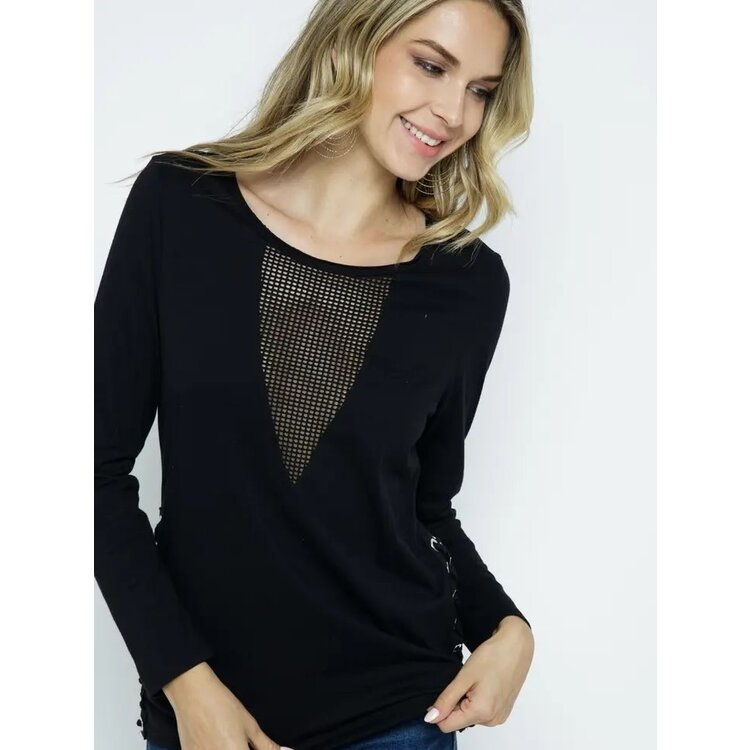 Vocal Long Sleeve with Sheer V-Neck and Lace- Up Side