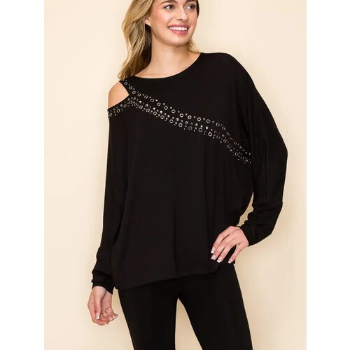 Vocal Asymmetrical Open Shoulder Top with Eyelet