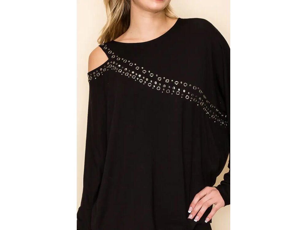 Vocal Asymmetrical Open Shoulder Top with Eyelet