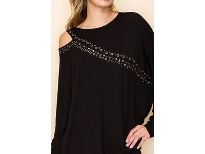 Vocal Asymmetrical Open Shoulder Top with Eyelet