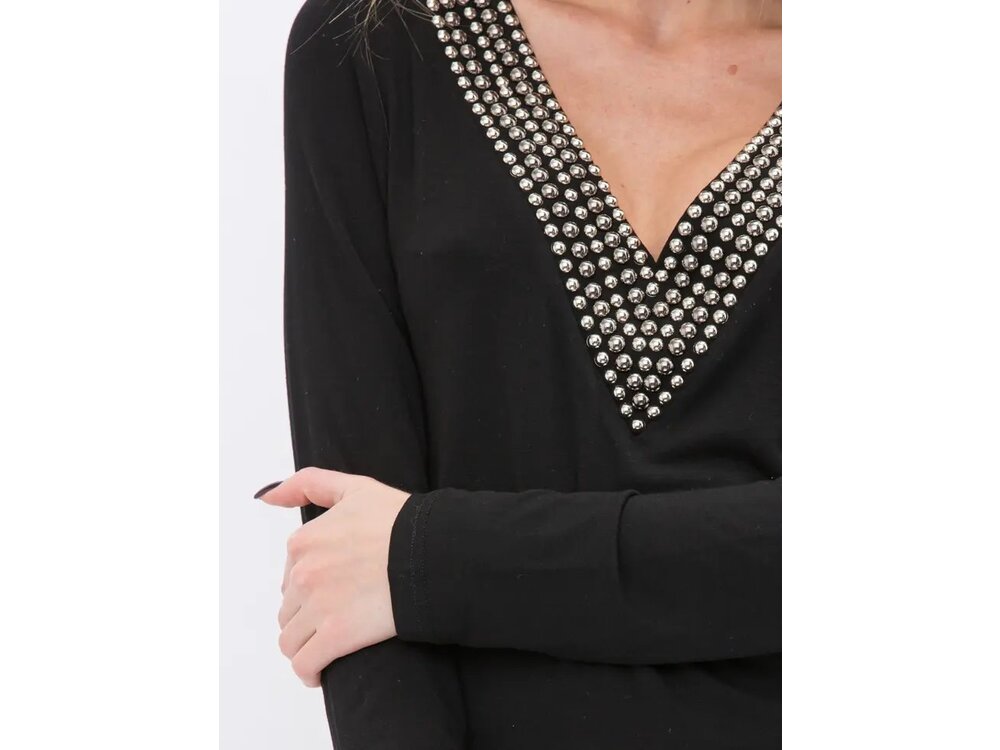 Vocal Bejeweled V-Neck Long Sleeve - Black