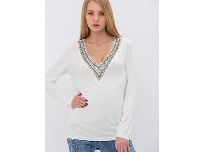 Vocal Bejeweled V-Neck Long Sleeve - White