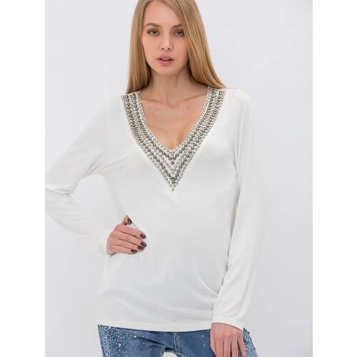 Vocal Bejeweled V-Neck Long Sleeve - White