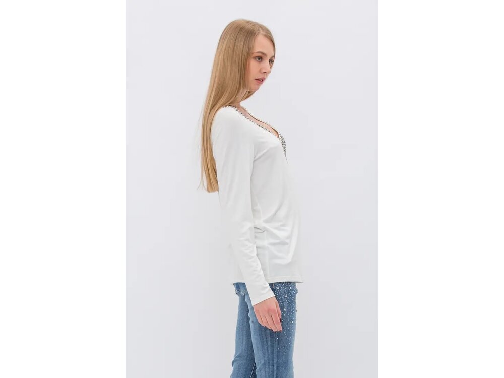 Vocal Bejeweled V-Neck Long Sleeve - White