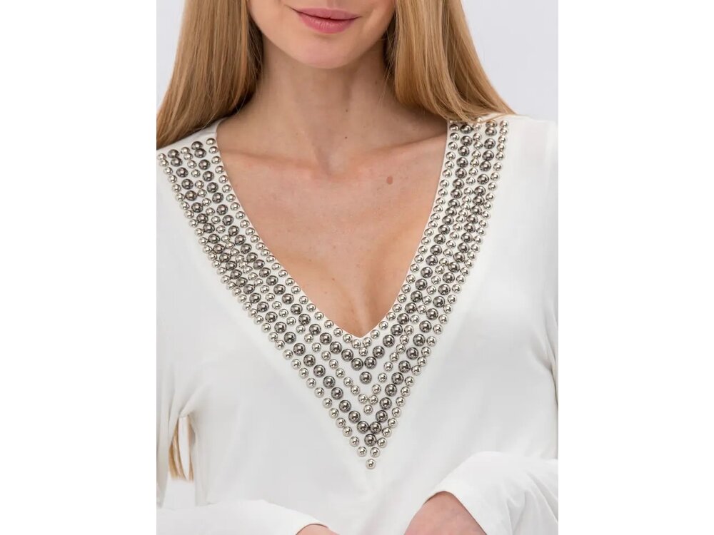 Vocal Bejeweled V-Neck Long Sleeve - White