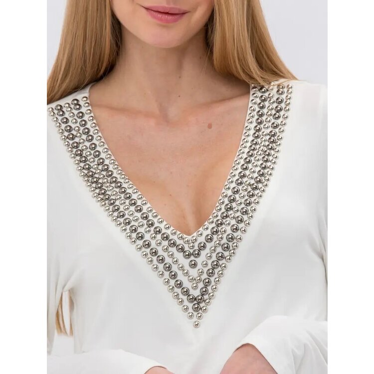 Vocal Bejeweled V-Neck Long Sleeve - White