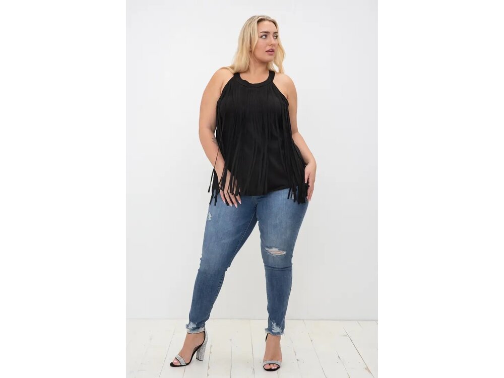 Vocal Black Suede Fringe Top