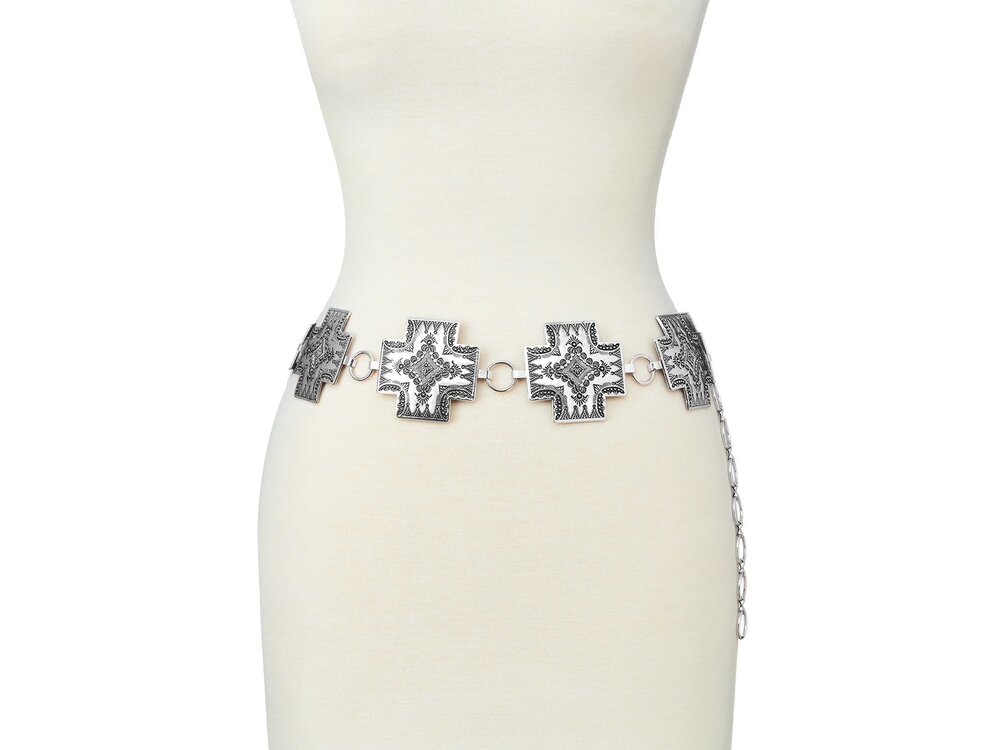 Aztec Cross Concho Belt- L/XL- Silver