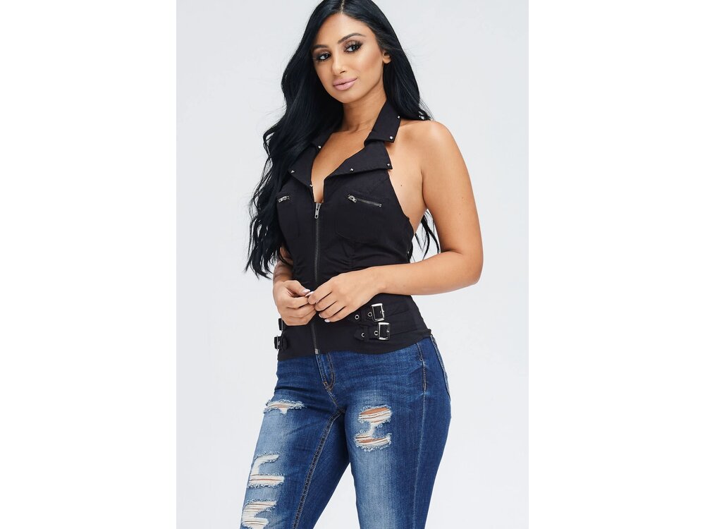 Black Zipper Halter Top with Pockets