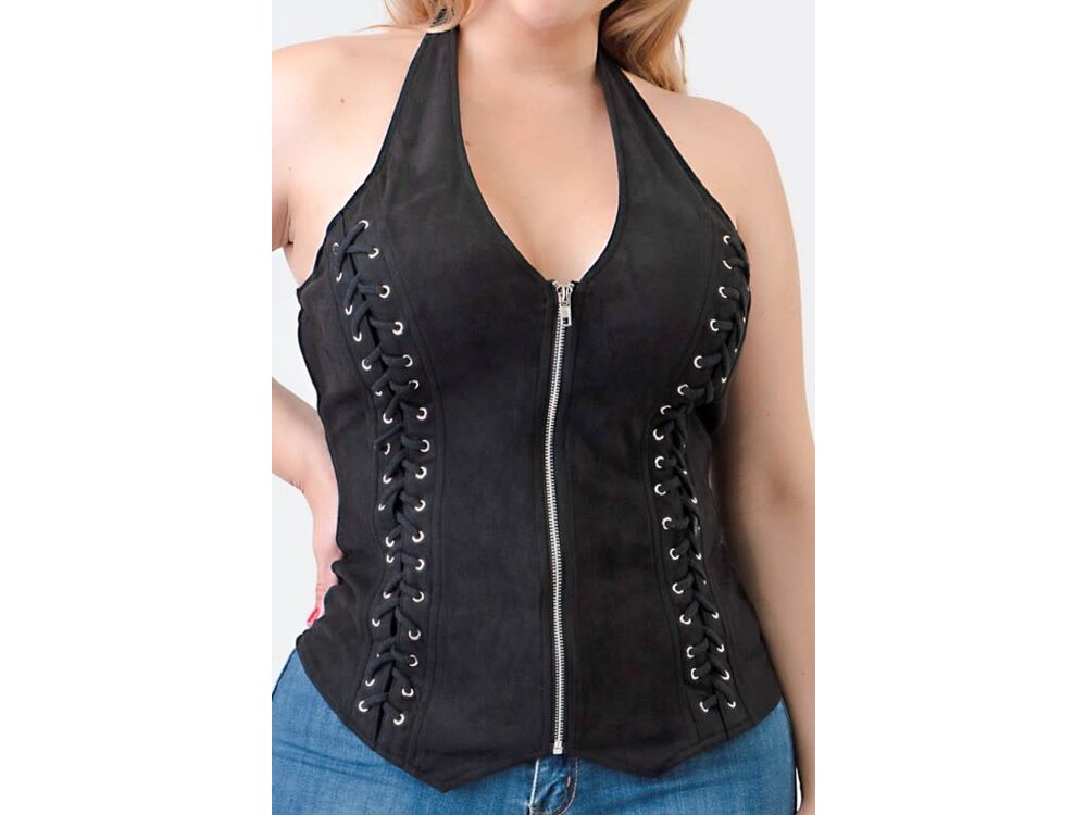 Black Suede Zip Halter Top - PLUS