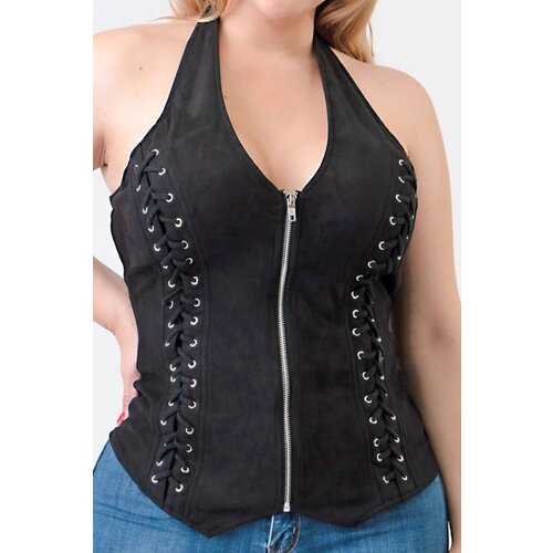 Black Suede Zip Halter Top - PLUS