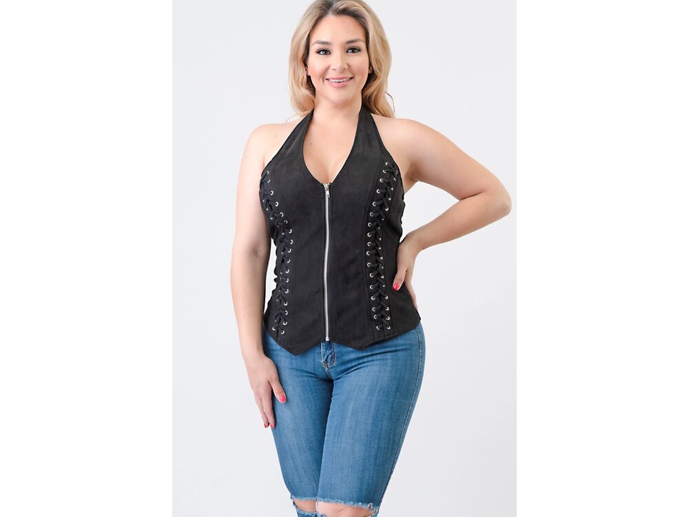 Black Suede Zip Halter Top - PLUS