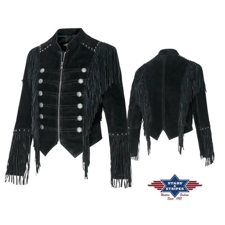 Stars & Stripes Brianna - Suede Military Fringe Jacket