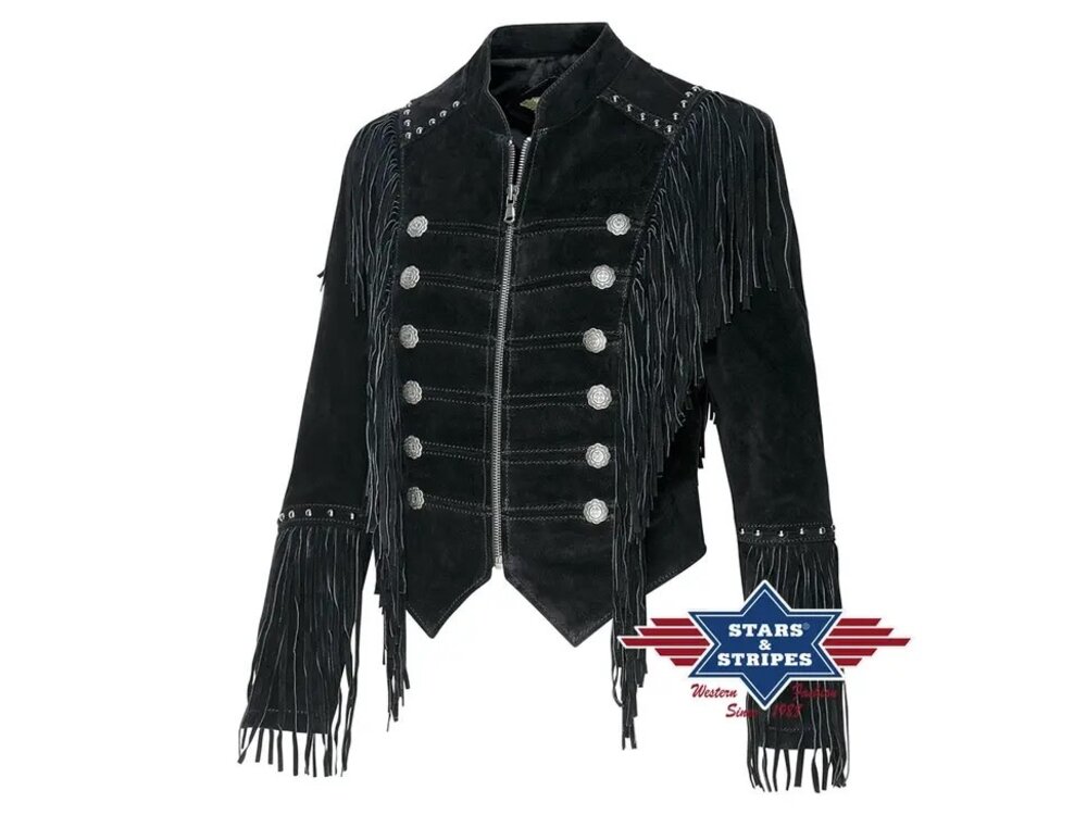 Stars & Stripes Brianna - Suede Military Fringe Jacket