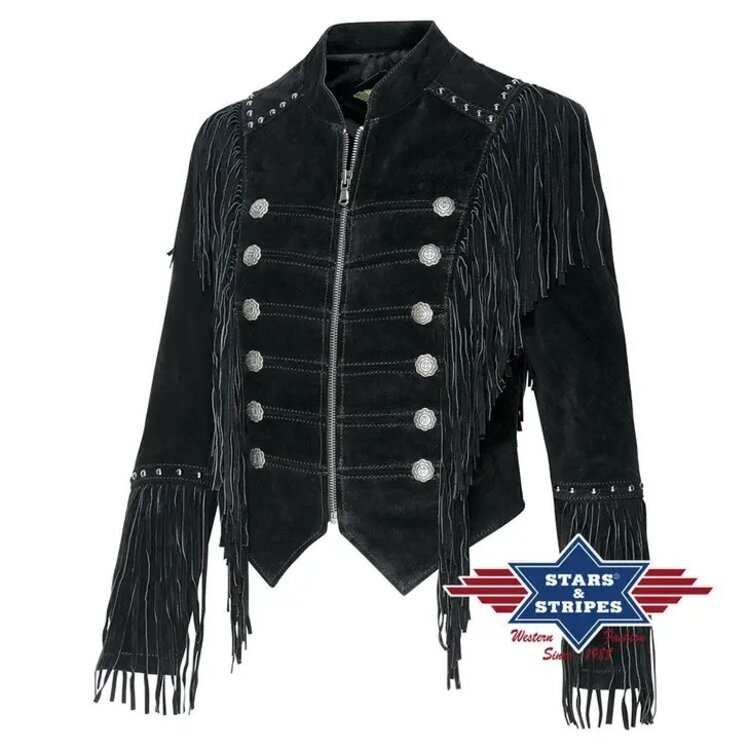 Stars & Stripes Brianna - Suede Military Fringe Jacket