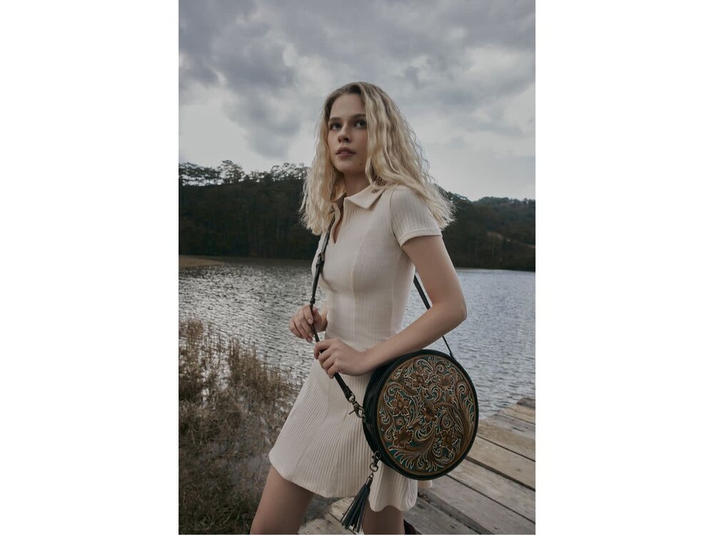 Myra Bags Magnolia Morn Hand-Tooled Round Bag