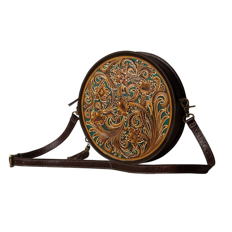 Myra Bags Magnolia Morn Hand-Tooled Round Bag