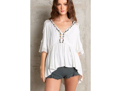 Pol Floral Embroidered Ruffle Top