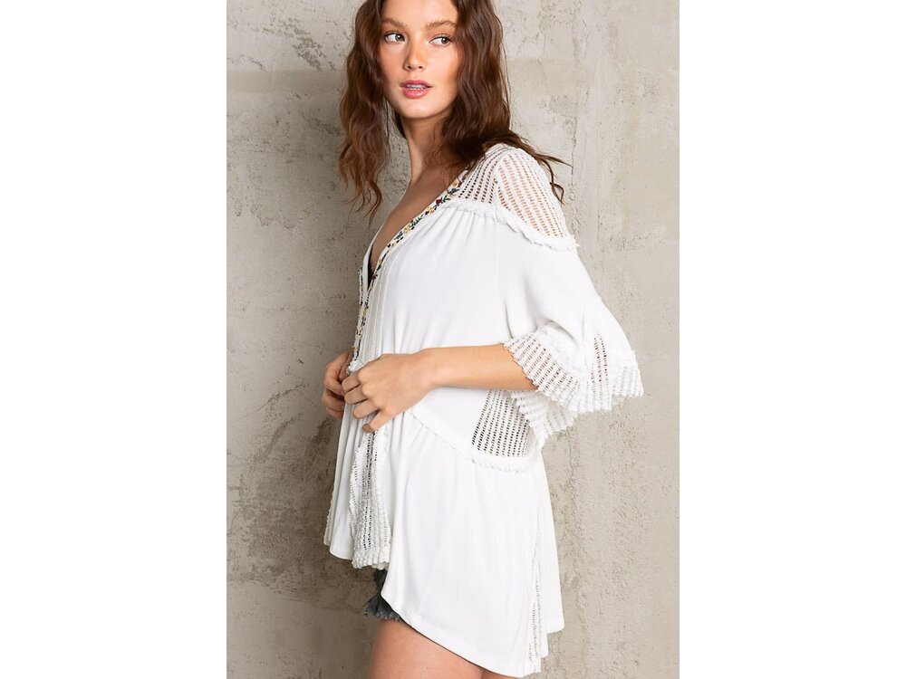 Pol Floral Embroidered Ruffle Top