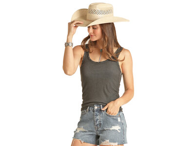 Rock and Roll Denim Ribbed Tank with Studs - Black