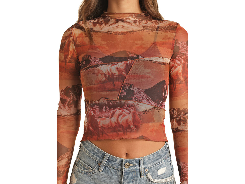 Rock and Roll Denim Mesh Printed Scenery Top