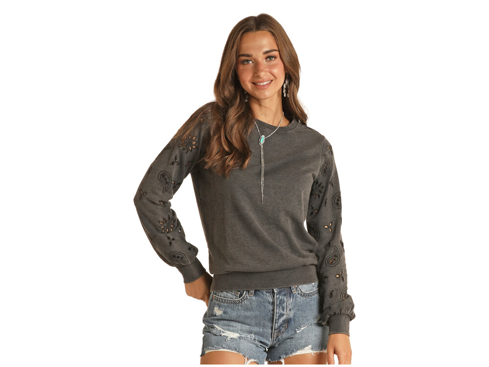 Rock and Roll Denim Eyelet Embroidered Sleeve Pullover