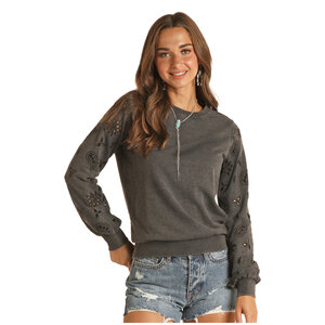 Rock and Roll Denim Eyelet Embroidered Sleeve Pullover