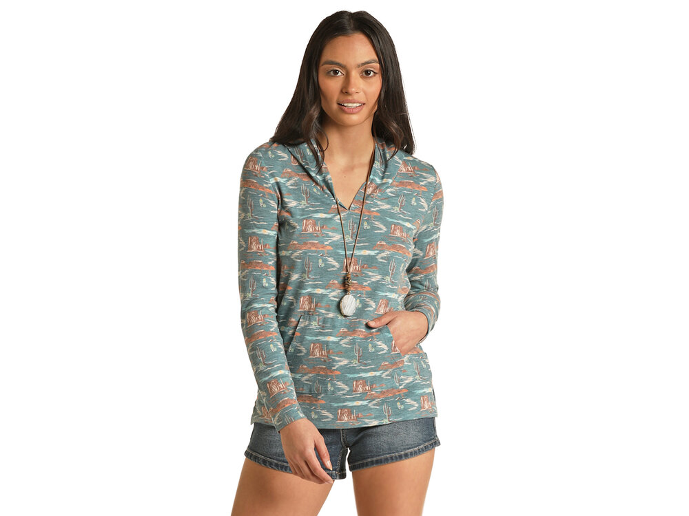 Rock and Roll Denim Scenery Print Hoodie