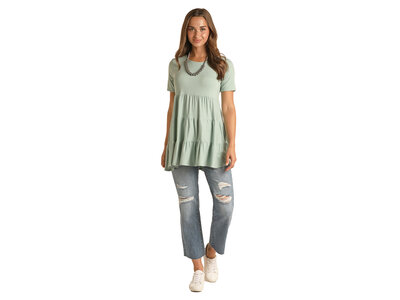 Rock and Roll Denim Short Sleeve Tiered Top- Mint