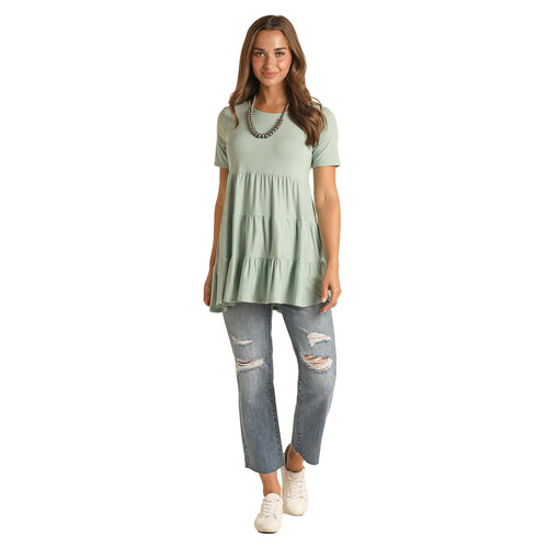 Rock and Roll Denim Short Sleeve Tiered Top- Mint