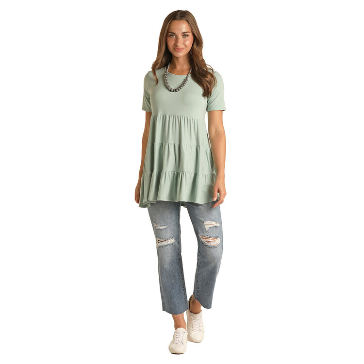 Rock and Roll Denim Short Sleeve Tiered Top- Mint