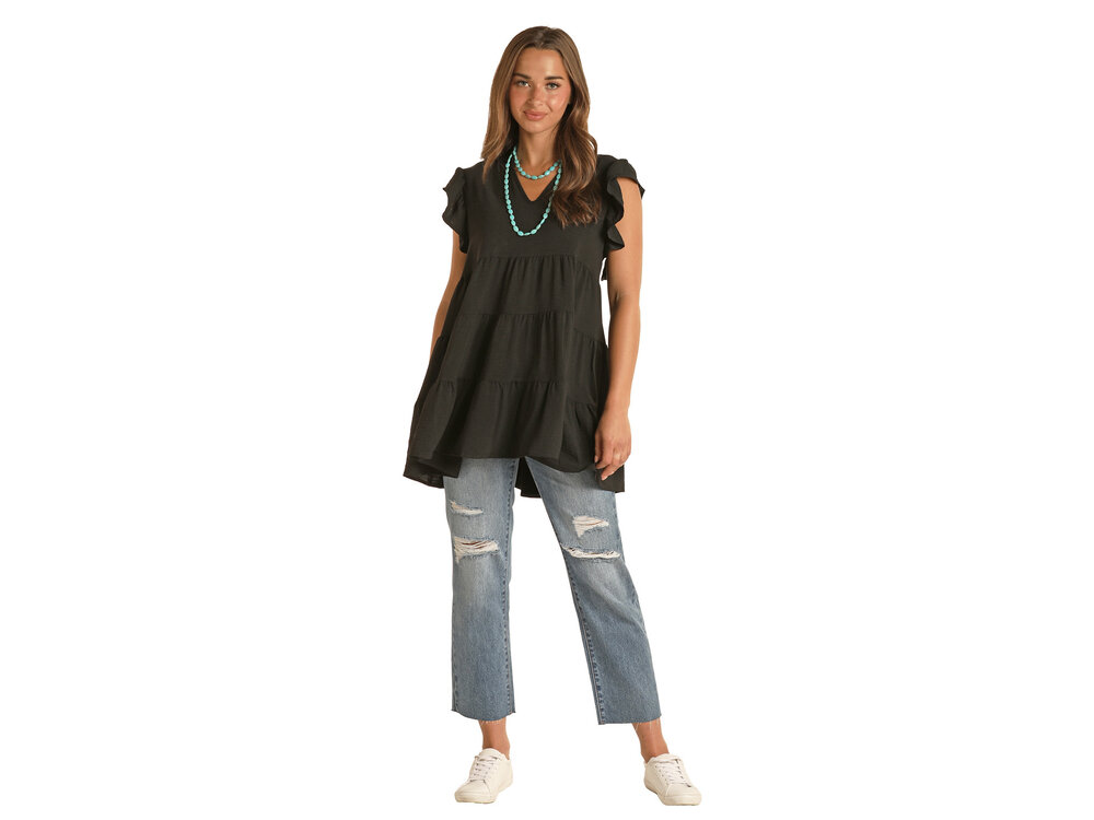 Rock and Roll Denim Tiered Top with Ruffle Sleeve