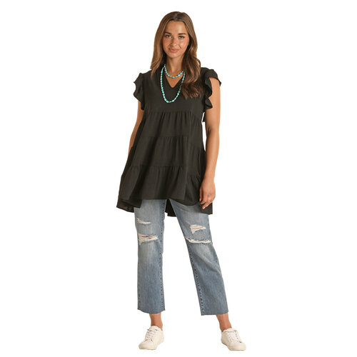 Rock and Roll Denim Tiered Top with Ruffle Sleeve